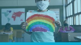 Animation of mathematical formulae over schoolboy in face mask holding rainbow drawing. global covid 19 pandemic, education and learning concept digitally generated video.