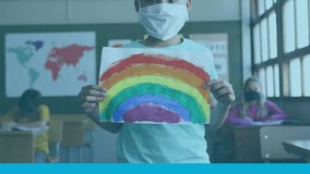 Animation of mathematical formulae over schoolboy in face mask holding rainbow drawing. global covid 19 pandemic, education and learning concept digitally generated video. - Powered by Shutterstock - Get 15% off with code: PIKWIZARD15