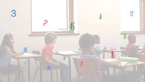 Animation of numbers changing over female teacher with school children in classroom. knowledge, education and learning concept digitally generated video.