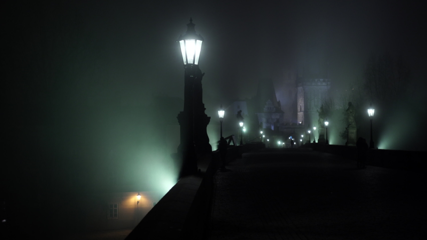 
lit lamps on Charles Bridge and illuminated stone statues and silhouettes of pedestrians at night and in the background the bridge tower in the fog Royalty-Free Stock Footage #1068459518