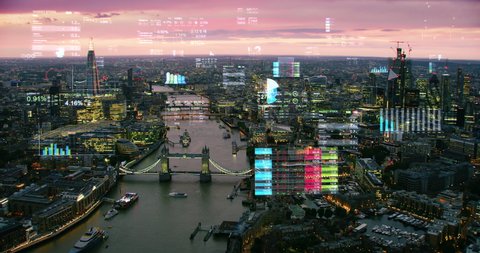 Augmented reality elements over London Financial District with financial charts and data. 
Futuristic aerial skyline of London with stock exchange figures. Representing concepts as Big data, AI