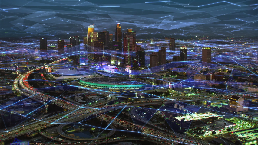 Augmented reality elements over an aerial view of Los Angeles. Futuristic city skyline with animated line connections. Big data, Artificial intelligence, Internet of things Royalty-Free Stock Footage #1068460241