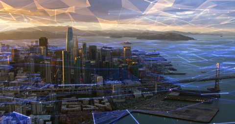 Futuristic aerial view of San Francisco Financial District with blue holographic networks representing concepts as augmented reality, smart cities, artificial intelligence, IOT.