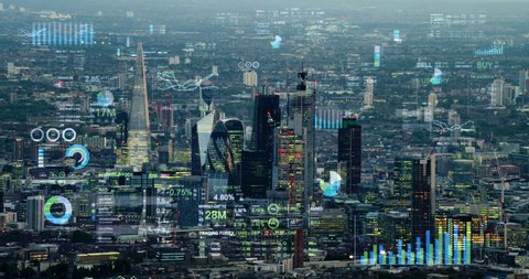 Futuristic aerial skyline of London with stock exchange figures. Augmented reality elements with financial charts and data. Representing concepts as Big data, Artificial intelligence, IOT.