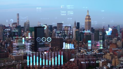 Financial charts and data in New York. Holographic information. Futuristic city skyline. Famous Manhattan skyscrapers.