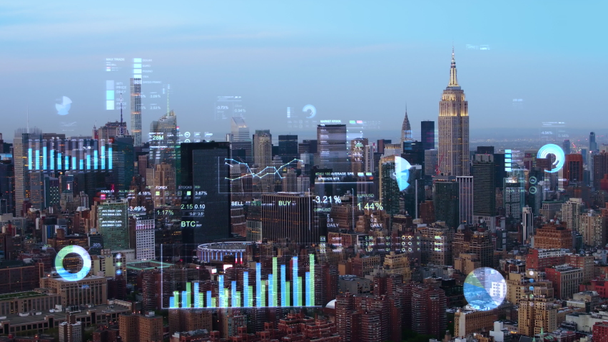 Financial charts and data in New York. Holographic information. Futuristic city skyline. Famous Manhattan skyscrapers. | Shutterstock HD Video #1068460256
