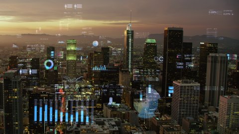Aerial view of Los Angeles with financial charts and data. Futuristic city skyline. Big data, Artificial intelligence, Internet of things, AR. Stock exchange figures.