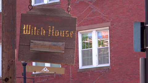 SALEM, MA - SEPTEMBER 5: Witch House hanging sign in Salem, Massachusetts on September 5, 2020.