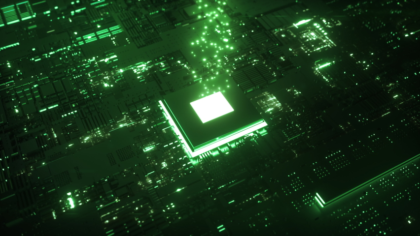 Glowing Chip Transferring Data in a seamless loop on Motherboard abstract visualization
