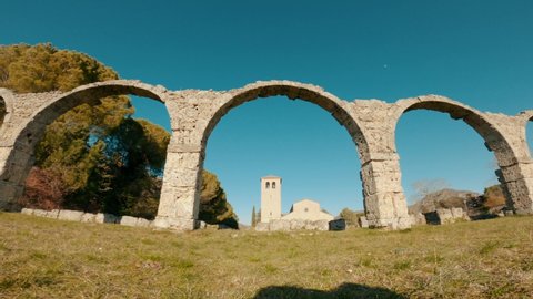 Ancient Benedictine monastery of San Vincenzo, ancient Roman stone arches, Molise region, Italy