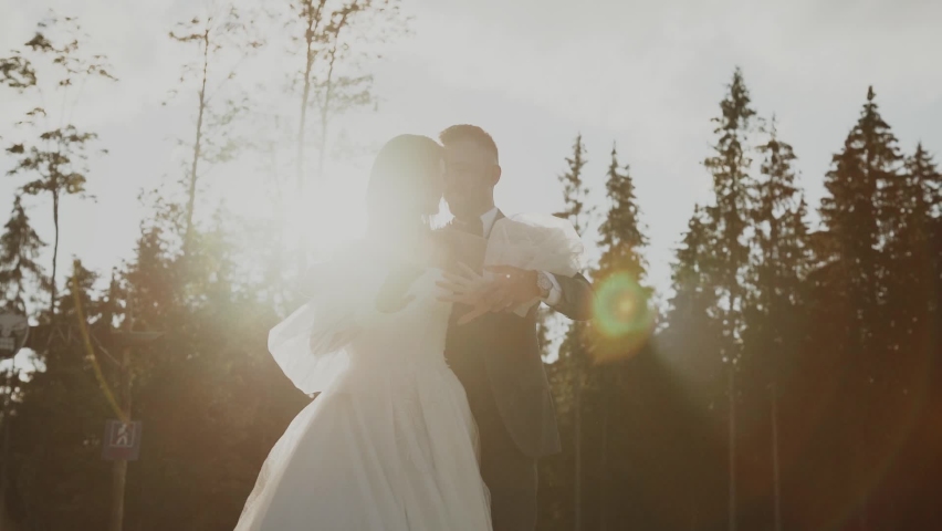 Bride and groom embracing in wedding day.Lovely newlyweds hugging and kissing Royalty-Free Stock Footage #1068468161