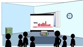 Cartoon office video screen with graph chart with rising and falling figures.  Group of silhouetted characters watching.  Looping.