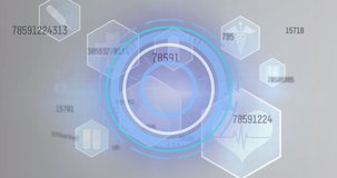 Animation of blue circular scope scanning with rising numbers and medical icons behind on grey. communication technology digital interface concept, digitally generated video.