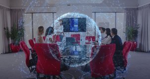 Animation of a globe of glowing connections and business colleagues sitting at a video conference. communication technology digital interface concept, digitally generated video.
