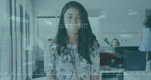 Animation of interface with data and smiling businesswoman and colleagues working in office. global communication digital interface concept, digitally generated video. and