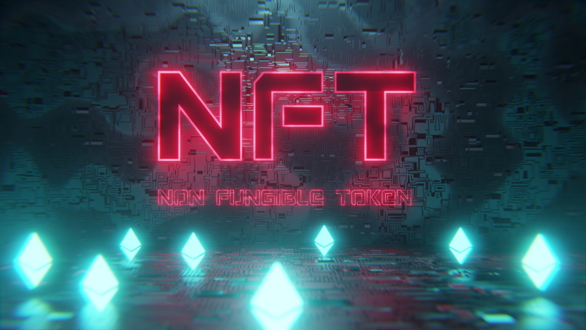NFT non fungible token neon concept with crypto currencies Ethereum. New way to buy digital assets, collectibles and crypto art. 3d render Royalty-Free Stock Footage #1068472880