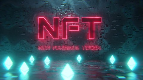 NFT non fungible token neon concept with crypto currencies Ethereum. New way to buy digital assets, collectibles and crypto art. 3d render
