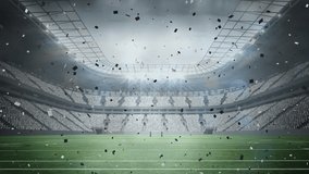 Animation of gold confetti falling over sports stadium. sport celebration and victory concept digitally generated video.
