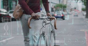 Animation of medical data processing over african american man walking with bike in city. global medicine, communication and connection concept digitally generated video.