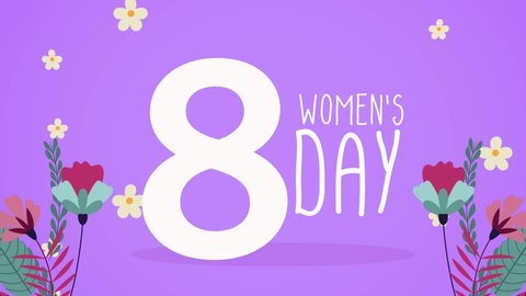happy womens day lettering card with flowers and number eight ,4k video animated