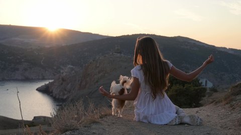 young woman owner training her little chihuahua dog making trick jumping over hands sitting in beautiful place near sea bay with mountain on summer warm sunset