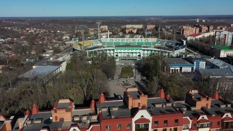 Poltava, Ukraine, Europe - March 2021: Aerial view of the Vorskla football stadium.