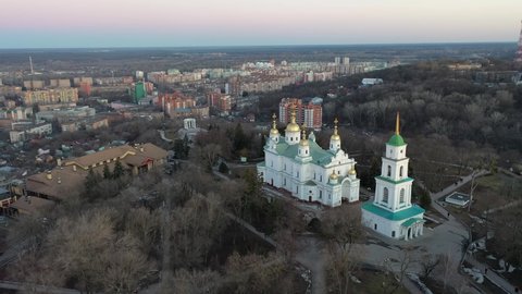 Europe, Poltava, Ukraine - March 2021: Aerial view of the city. Sights of the city from above. The building of the Holy Assumption Cathedral