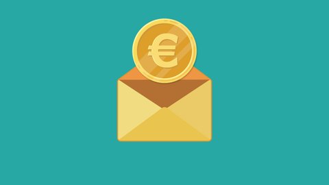 Animation of opening envelope with Euro coins. Envelope containing euro money. Giving money. Mobile banking, Internet payments. Bribe, Scam and Corruption concept. Credit services. Alpha Channel. 4K.