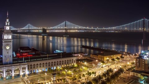 Time Lapse of traffic driving across the Bay Bridge in San Francisco. The buildings of San Francisco can be seen in the distance. Time Lapse.
