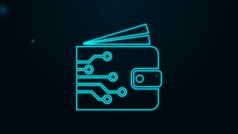 Glowing neon line Cryptocurrency wallet icon isolated on black background. Wallet and bitcoin sign. Mining concept. Money, payment, cash, pay icon. 4K Video motion graphic animation.