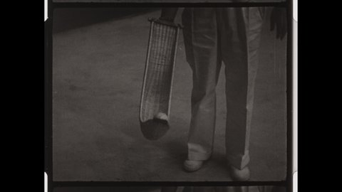 1940s Guernica, Biscay, Spain. Jai alai, or Basque Pelota, Players Play the game of Dodging Death. Close-up of Pelota in a Cesta. Men on Court. 4K Overscan of Vintage Archival 16mm Film Print. 