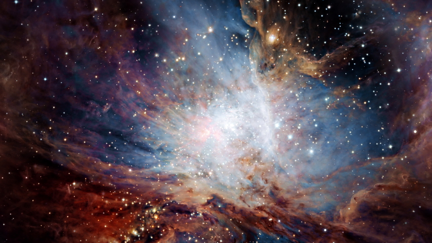 The Orion Nebula. Seamless Loop Space Flight to star field Galaxy and Nebulae deep space exploration. 4K 3D Flight to The Orion Nebula, diffuse nebula in Milky Way. Furnished by NASA image. | Shutterstock HD Video #1068505988