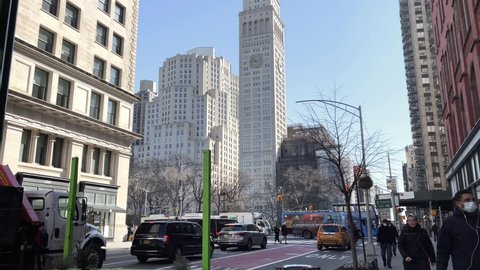 NYC, USA - MARCH 3, 2021: Metropolitan Life Insurance Company clock tower building skyscraper 23rd street in Flatiron Manhattan New York City.