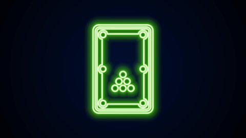 Glowing neon line Billiard table icon isolated on black background. Pool table. 4K Video motion graphic animation.
