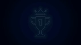 Glowing neon line Award cup icon isolated on black background. Winner trophy symbol. Championship or competition trophy. Sports achievement sign. 4K Video motion graphic animation.