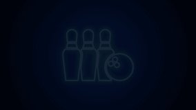 Glowing neon line Bowling pin and ball icon isolated on black background. Sport equipment. 4K Video motion graphic animation.