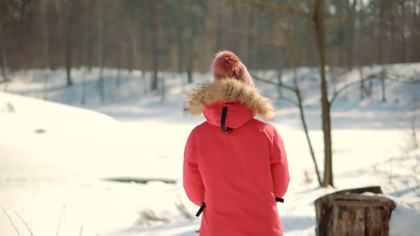 Holiday Vacation Tourist Journey Trip In Cold Day. Walking In Winter Greenwood With Snow. Carefree Girl Exploring Wood Forest In Winter Snowy Sunny Time.Woman In Parka Walking Pine Forest. Snowy Trees Royalty-Free Stock Footage #1068510032