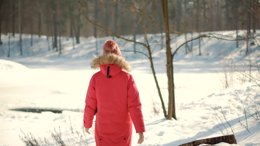 Holiday Vacation Tourist Journey Trip In Cold Day. Walking In Winter Greenwood With Snow. Carefree Girl Exploring Wood Forest In Winter Snowy Sunny Time.Woman In Parka Walking Pine Forest. Snowy Trees Royalty-Free Stock Footage #1068510032