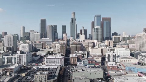 LOS ANGELES, CA, USA - Feb 15, 2021: Drone 4k. Los Angeles aerial view. Establishing shot of modern office buildings, skyscrapers, banks, apartments in LA. Urban life, financial business city in USA