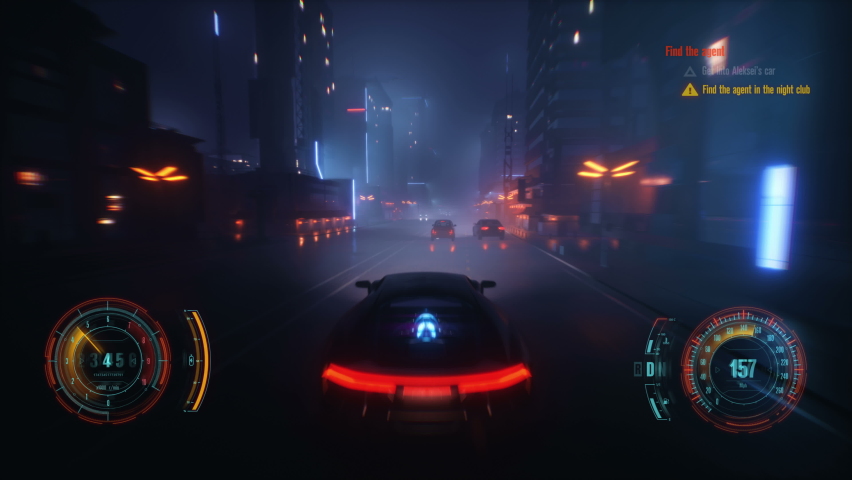4K Speed racing fake 3D Video game with HUD. Neon style city | Shutterstock HD Video #1068512276