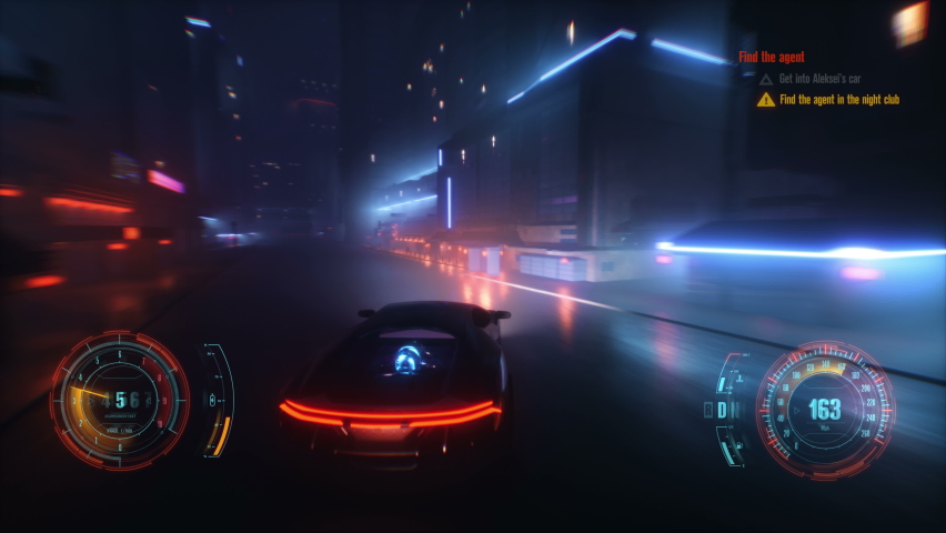 4K Speed racing fake 3D Video game with HUD. Neon style city Royalty-Free Stock Footage #1068512276