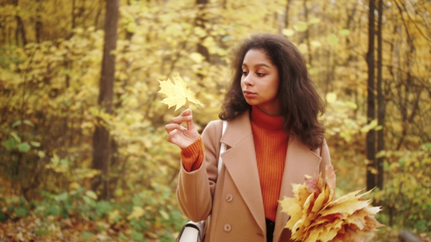 Autumn Outdoor Portrait Of Beautiful African American Young Woman - Black People, happy student female in city park, tourist, safe travel