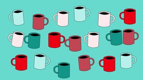 Funny colourful background with dancing coffee mugs, seamless loop.