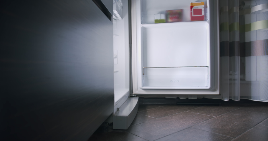 Funny hungry pug dog open the fridge at night, standing near the refrigerator, looking inside. Pug dog get inside the fridge to steal food. Want to eat at night. Failed diet. Extra calories Royalty-Free Stock Footage #1068517472