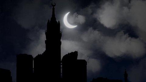 Mecca Clock Tower By Night with Crescent Moon and Skyscraper in Silhouette, Saudi Arabia