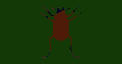 Animated stag beetle. It is filled with three-color water colors on a dark green background. And the appearance of the dancing stag beetle.