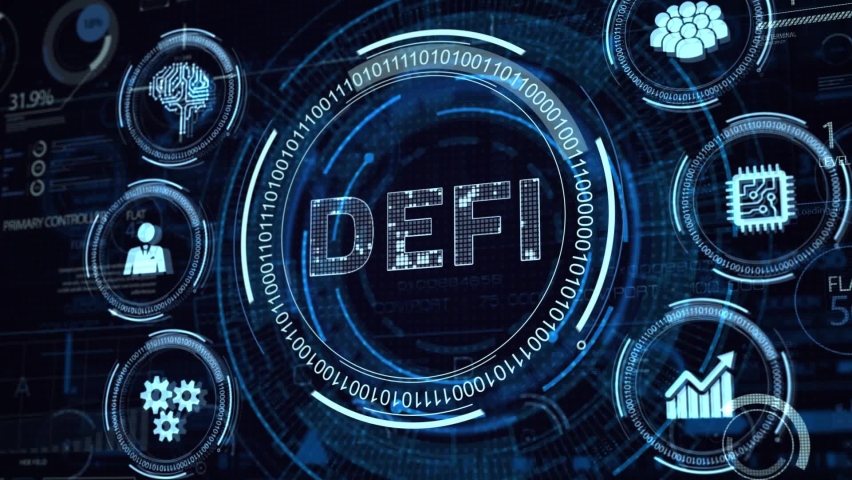 DeFi -Decentralized Finance on dark blue abstract polygonal background. Concept of blockchain, decentralized financial system | Shutterstock HD Video #1068528011