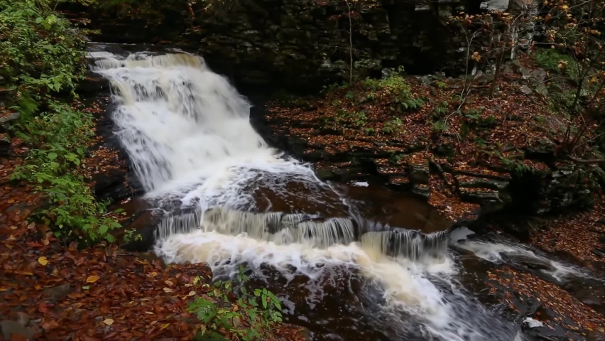 A beautiful splashing waterfall, Mohican Falls, in the autumn woods of Ricketts Glen in Pennsylvania is featured in this seamless video loop
