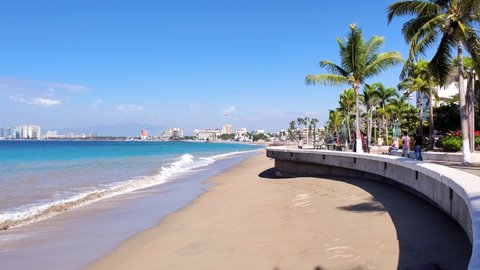 Puerto Vallarta, Mexico-20 April, 2020: Famous Puerto Vallarta sea promenade, El Malecon, with ocean lookouts, beaches, scenic landscapes hotels and city views