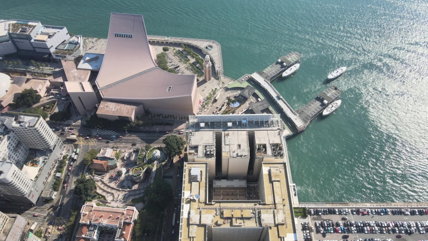 Aerial View of the skyline of Hong Kong at Victoria Harbour Financial Kowloon Central District